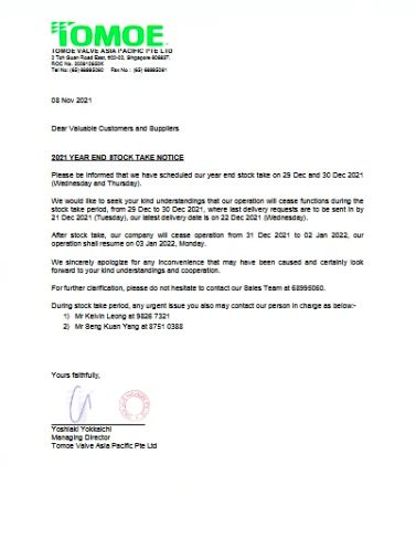 Tomoe 2021 Year End Stock Take Notice